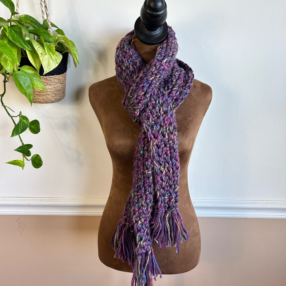 Handmade Chunky Knit Scarf Purple Variegated Multi Color Fringe Boho Winter